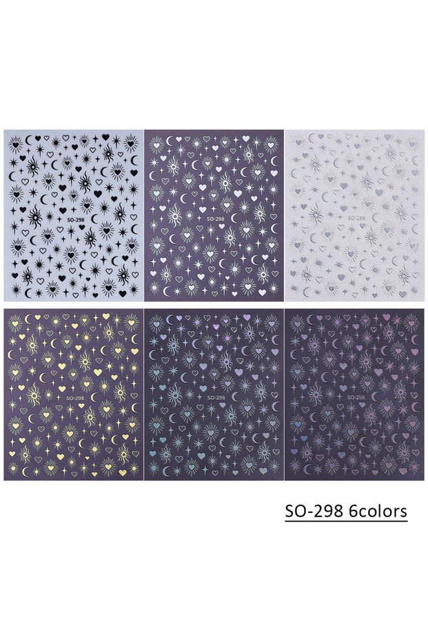 SO-298 6colors 6pcs Gold Silver Laser Star Moon Nail Sticker Y2K Metal Love Heart Self-adhesive Nail