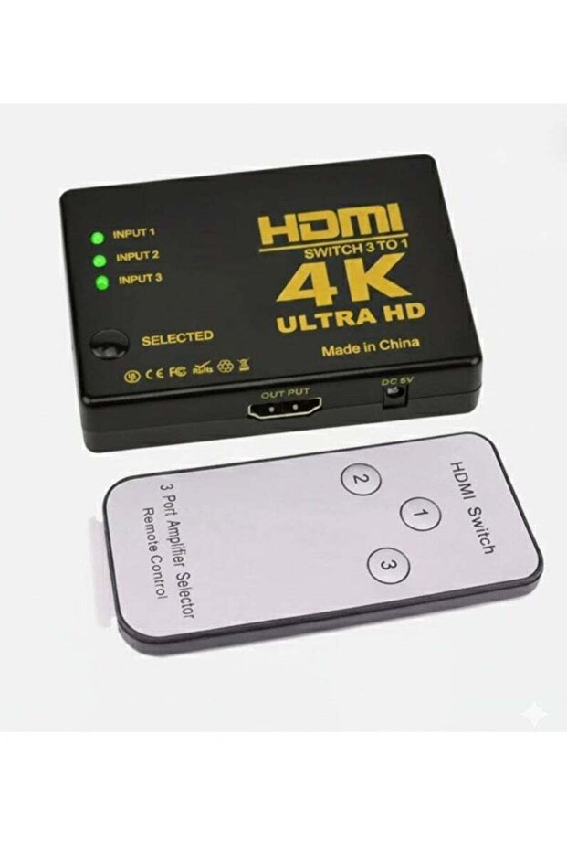 محول HDMI فائق الأداء بدقة 4K مع 3 منافذ وريموت تحكم وكابل طاقة USB ومستقبل IR لاختيار أجهزة متعددة بدون تقطيع، مناسب للتلفزيونات والشاشات وأجهزة الألعاب ومشغلات الوسائط.