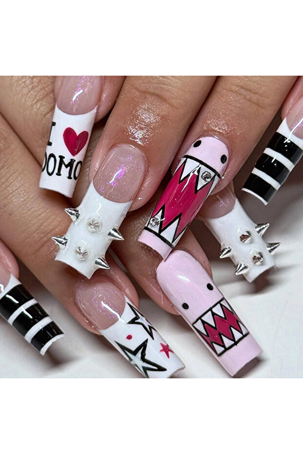 3788 sg 10Pcs/Set Handmade Y2K Long Square White French press on nails,DoMo Star and Heart pattern