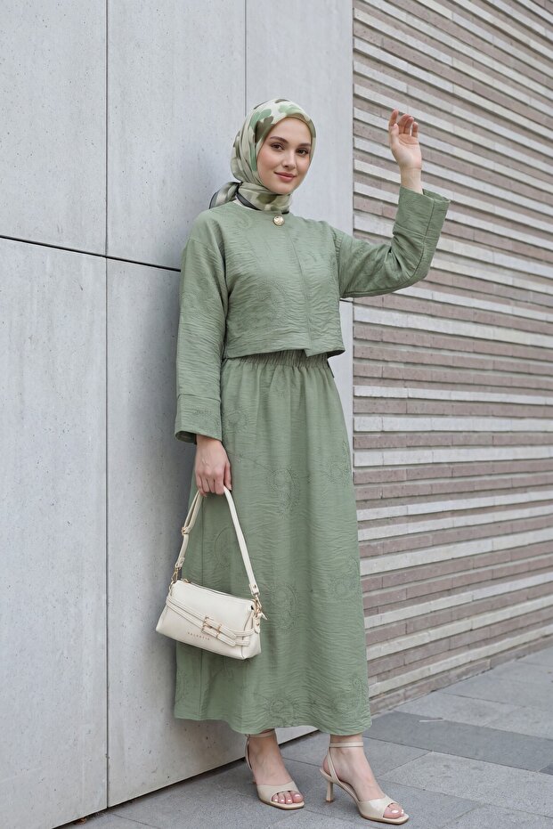Single Button Embroidered Skirt Linen Look Suit -Khaki