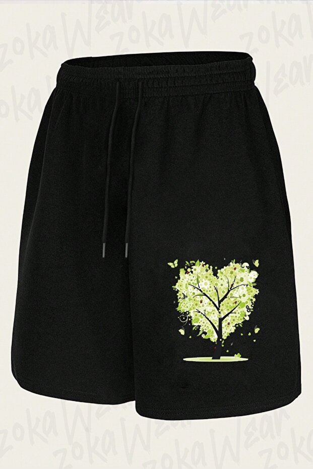 Unisex Heart Tree Illustration Drawing Design Printed Shorts