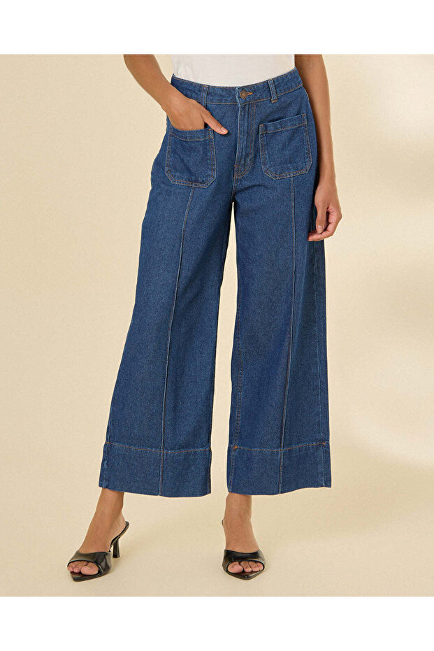 Women Blue Mid Wash Wide Leg Cropped Jeans