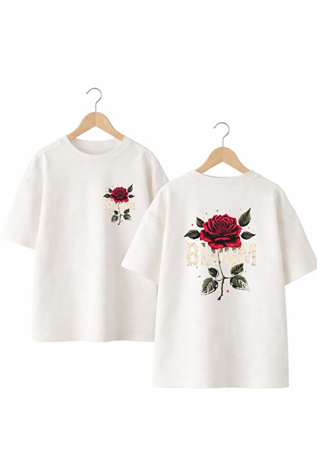Bloom Rose Printed Back and Front Chest 100% Cotton Oversize Loose Regular Fit Crew Neck T-Shirt