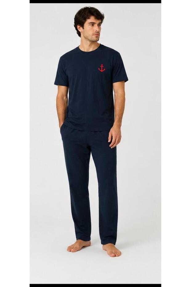 Men's Navy Blue Short Sleeve Cotton Pajama Set with Silicone Anchor Print