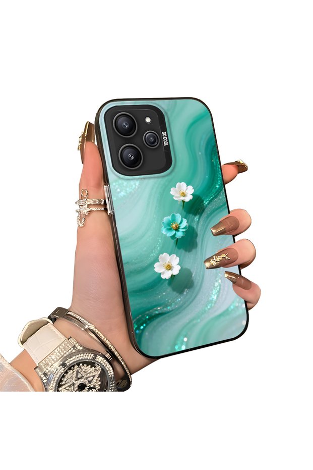 Redmi 12 Compatible Silicone Edge Hard Back Case Couple Phone Case with Floral Pattern