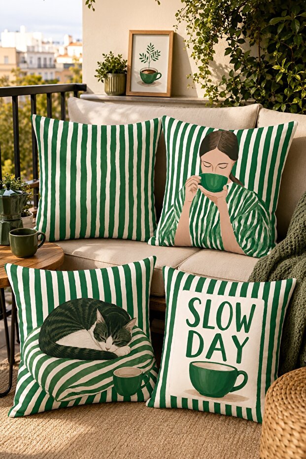 Green Striped Coffee Cat Patterned 4-Piece Throw Pillow Cover Set