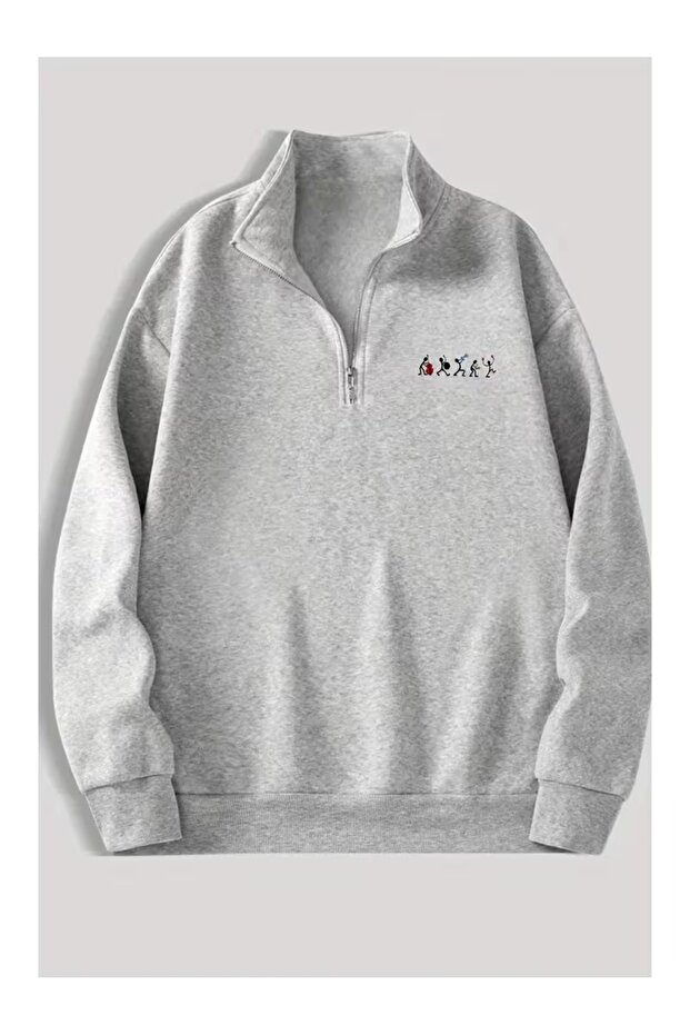 Men's Standing Collar Zippered Printed Oversized Sweatshirt
