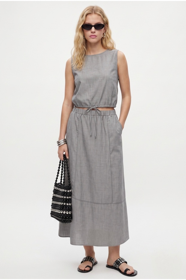 Women's Toby Tie-Up Blouse Elastic Waist Lined Skirt Woven Gray Bottom-Top Set