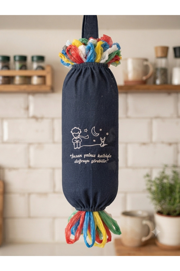 The Little Prince Embroidered Hangable Navy Blue Linen Shoe Bag / Shoe Cover Bag Embroidered Organizer Storage Bag 20X40 cm