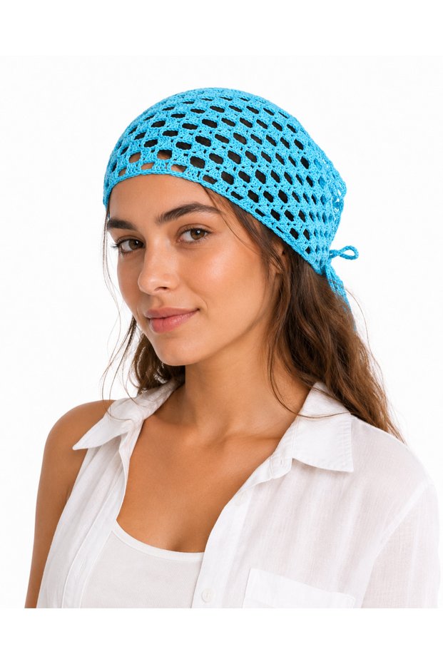 Women's Hand-Knitted Triangle Hair Bandana Mustard Yellow Bohemian Tie-Up Summer Knitted Bandana