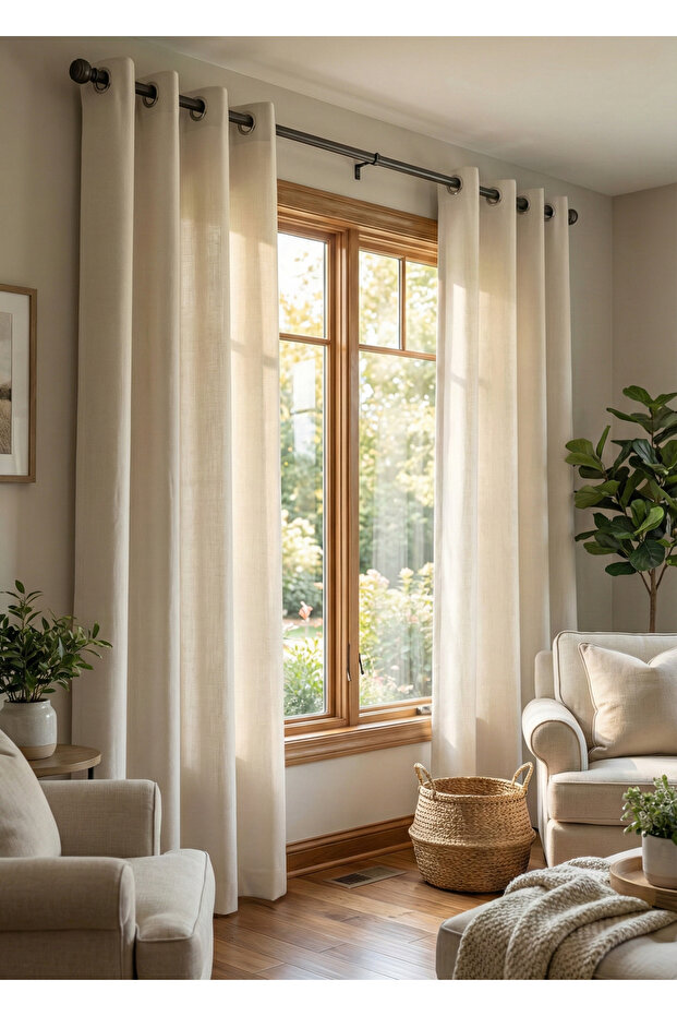 Milano Linen Eyelet Background Curtain Rustic Single Wing Non-Crinkle Non-Pleated Living Room Bedroom Curtain