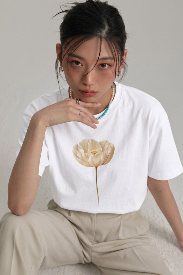 Unisex Oversized T-Shirt with Floral Motif Print Black / White