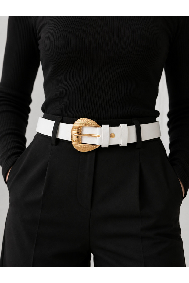 Women's White Trousers and Waist Belt – Classic Design with Gold Buckle