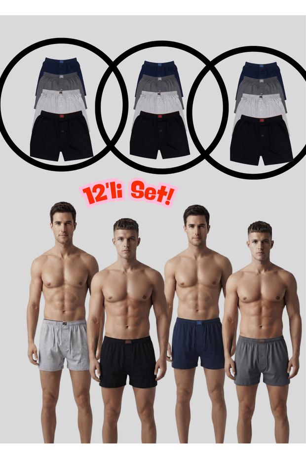 Men's Combed Cotton 12-Piece Set Towel Waist Boxer Black-Grey-Smoked-Navy Blue Mixed Color