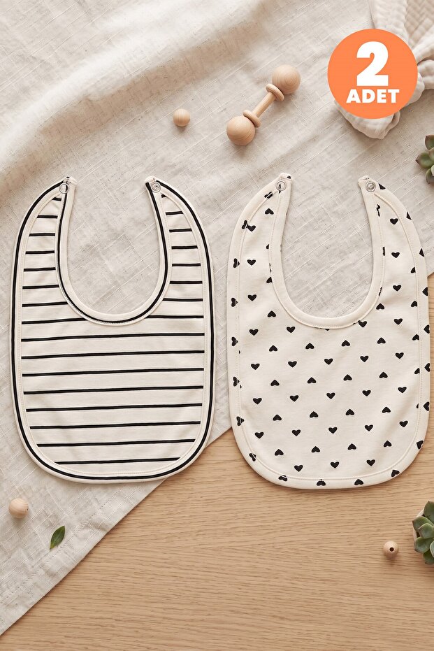 Baby Girl 2-Piece Cotton Bib with Heart Stripes and Snap Fasteners, Double Layer, Skin-Friendly (684304)
