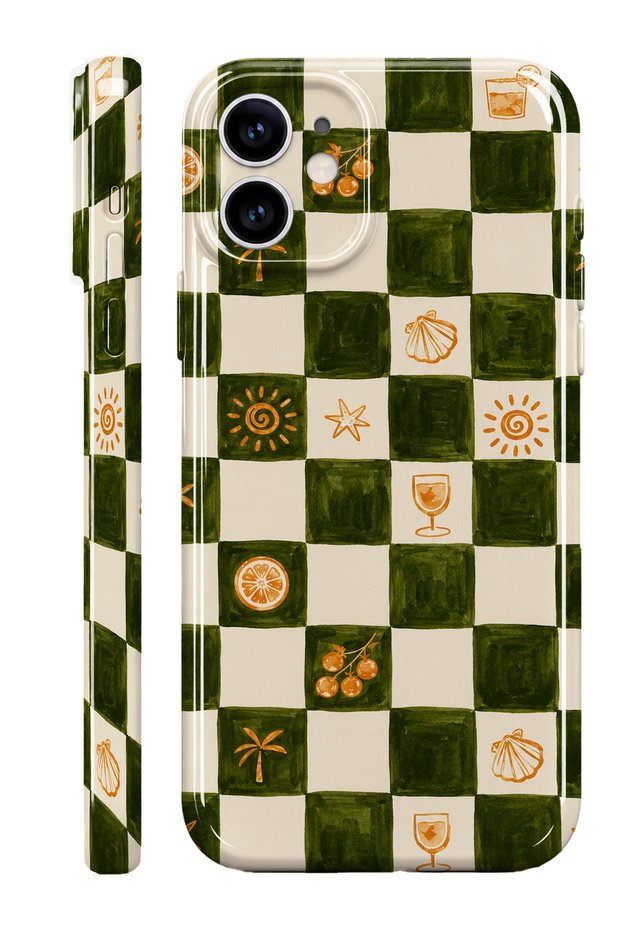 iPhone 12 Olive Checker Protect Slim Glossy Full Covering Print Camera Protected Phone Case