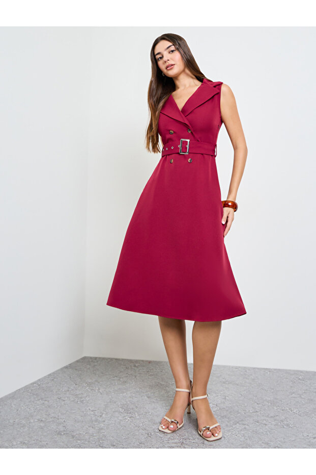 Magenta Sleeveless Blazer Midi Dress with Belt