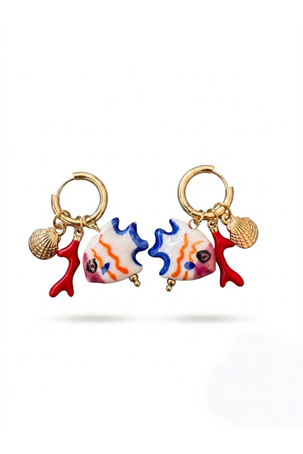 Blue and Orange Fish Figured and Seashell Hoop Earrings