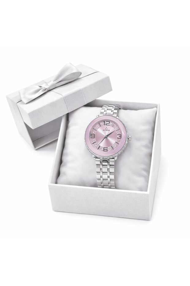 Women’s Pink Dial Watch Silver Strap Crystal Bezel Elegant