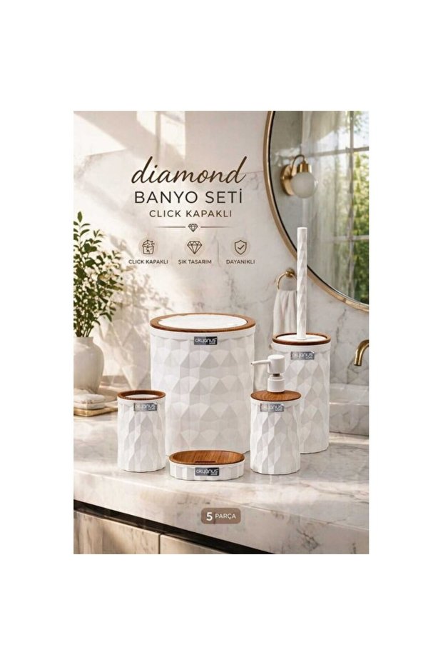 White Wooden Click Lid 5-Piece Bathroom Set, Stylish and Functional Design