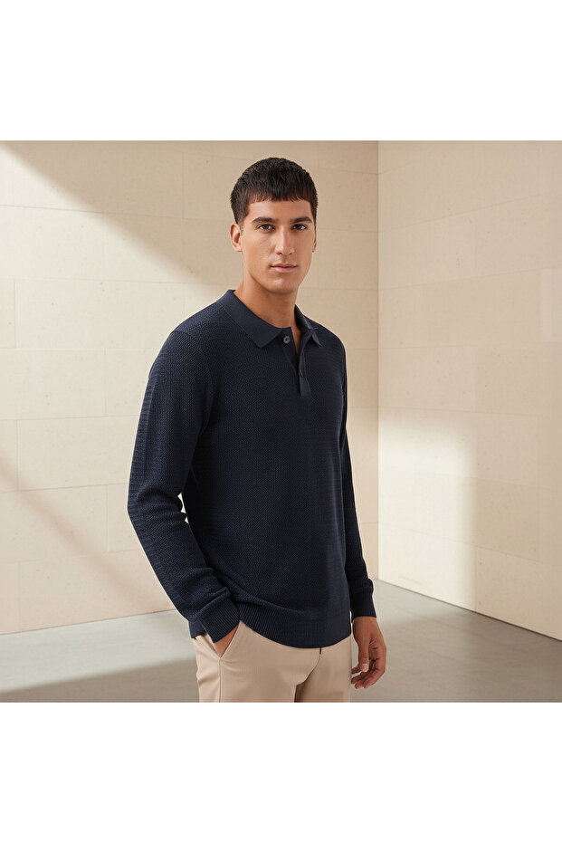 Men Long Sleeves Knit Textured Polo T-shirt