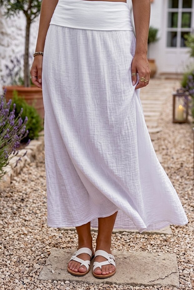 White Lined Foldable Fabric Waist Casual Cotton Long Woven Skirt 95 65