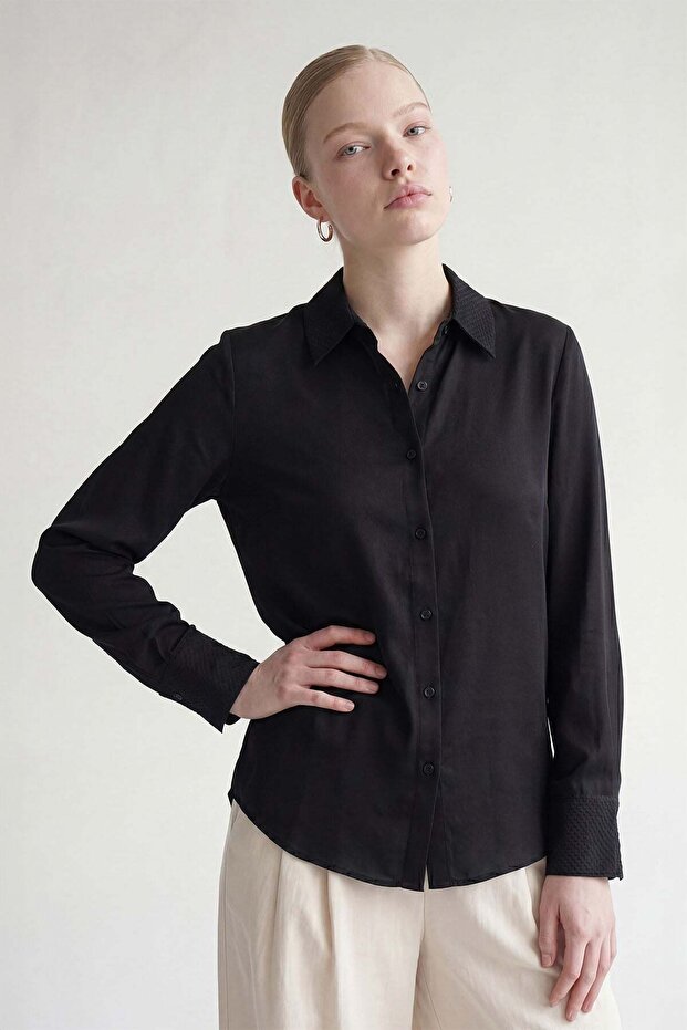 Black Textured Sleeve and Collar Detail Shirt