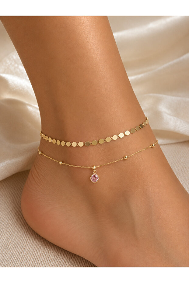 Non-Tarnish Zircon Pink Stone Detailed Double Chain Steel Anklet