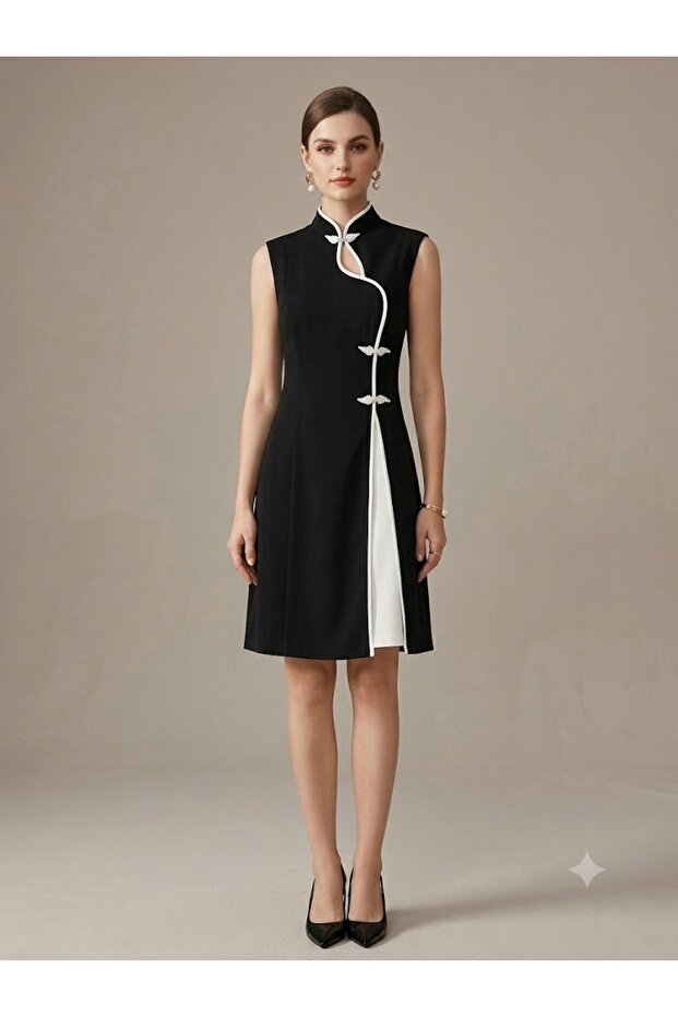 Modai̇lgi̇ Design Button Detail Stand Collar Sleeveless Dress 60148