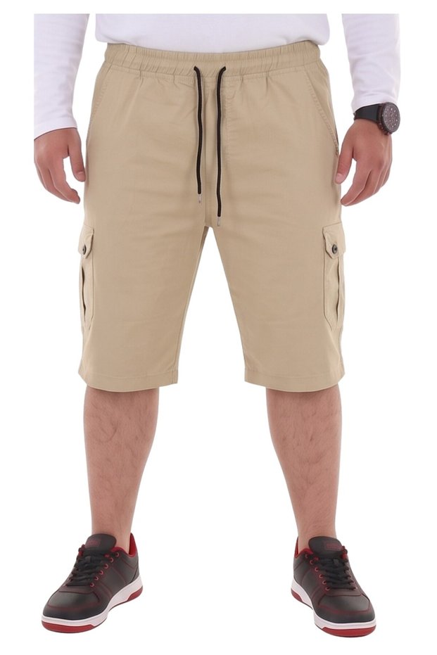 Men's Large Size, Suitable for Weight up to 177 Kilograms, Knee-Length Cargo Pocket Gabardine Capri Beige