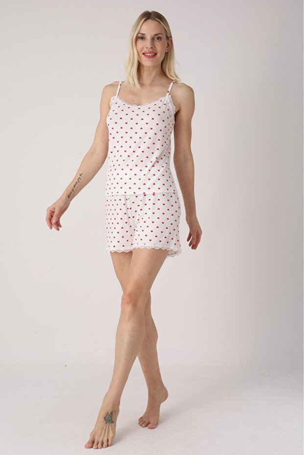 Thin Strap Heart Patterned Women's Shorts Pajama Set
