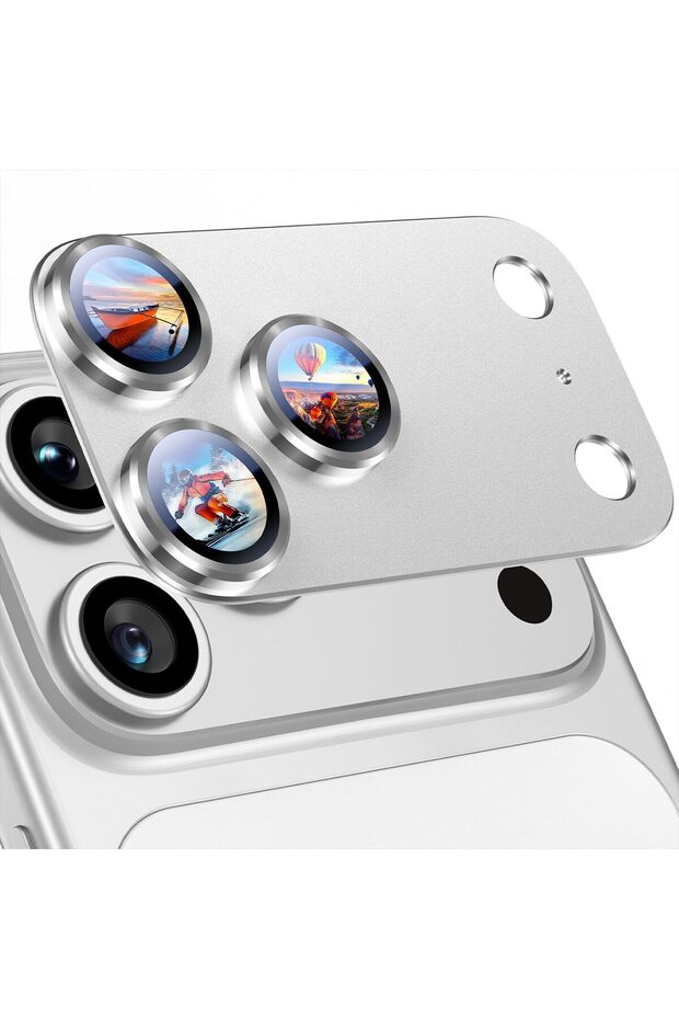 Uyiton Compatible with iPhone 17 Pro Max Camera Lens Protector - [Not Easy to Break][Strong Adsorption][Case-Friendly] Metal Tempered Glass Rear Camera Screen Cover - Silver