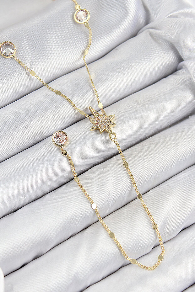 Brass Zircon Stone Pole Star Model Gold Color Y Necklace