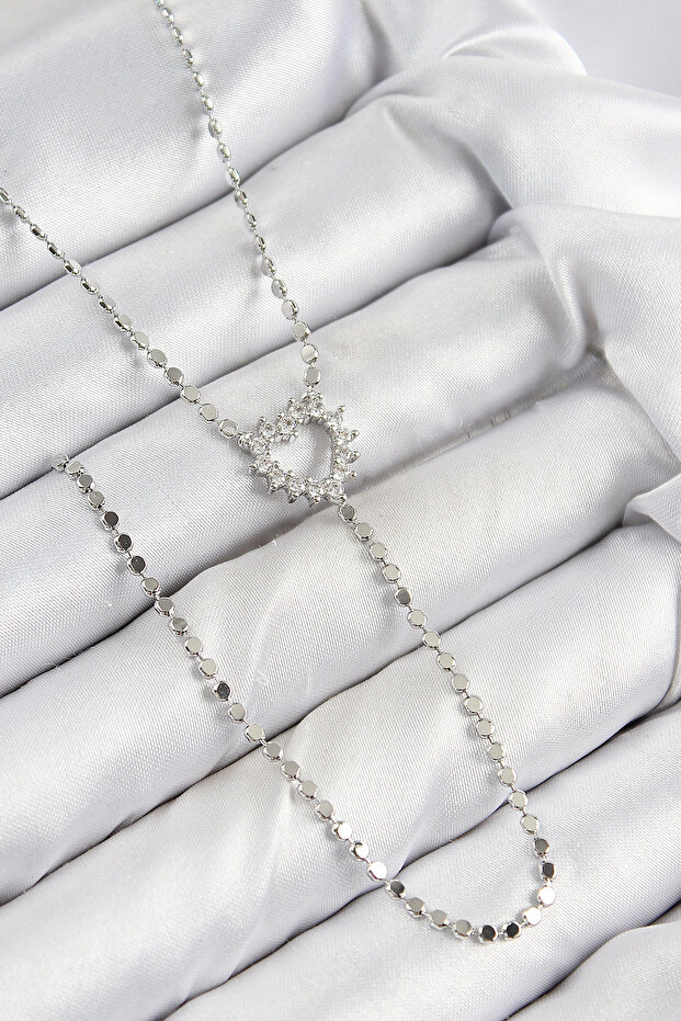 Brass Zircon Stone Crushed Chain Heart Model Silver Color Y Necklace