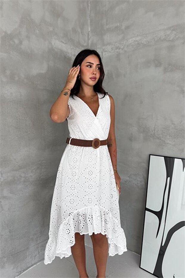 Women's White Scallop Embroidered Belted Midi Length Asymmetrical Dress Nbk4673