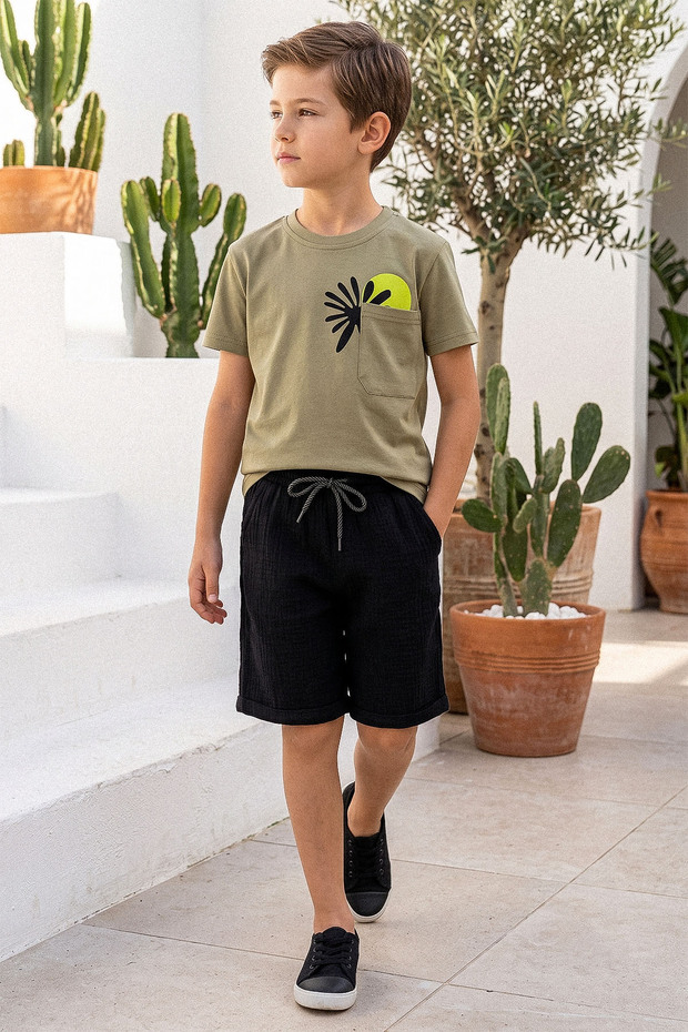 Palm Tree Printed Muslin Shorts Boys' Two-Piece Set - 26Y 60299