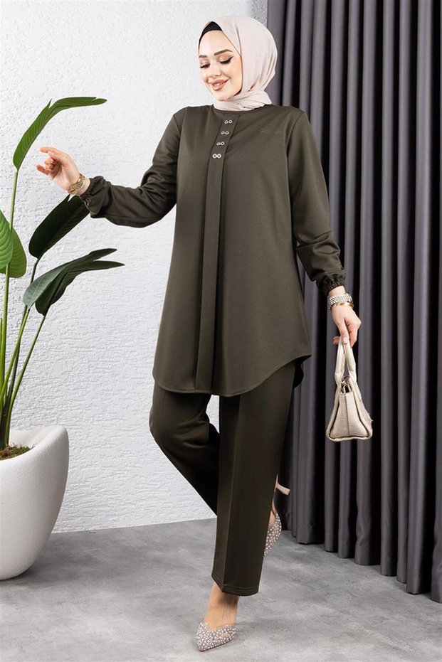 Front Placketed Crepe Suit Khaki