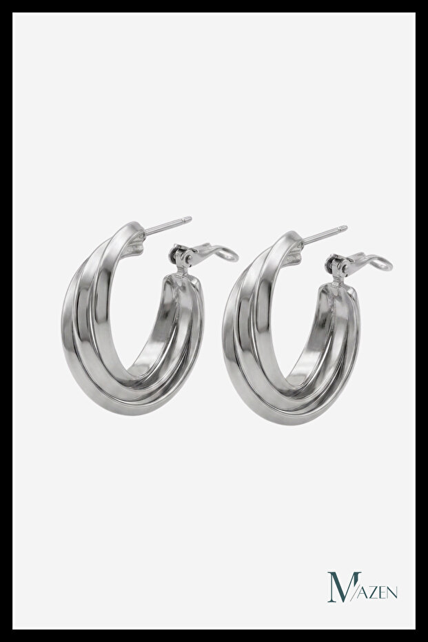 Silver Color Three Stripes Transitional Oval Hoop Earrings Thick Metal Women's Earrings