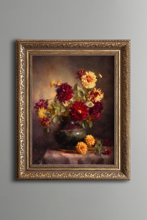 Red and Yellow Flowers Still Life – Vintage Patterned Painting – Thick Model