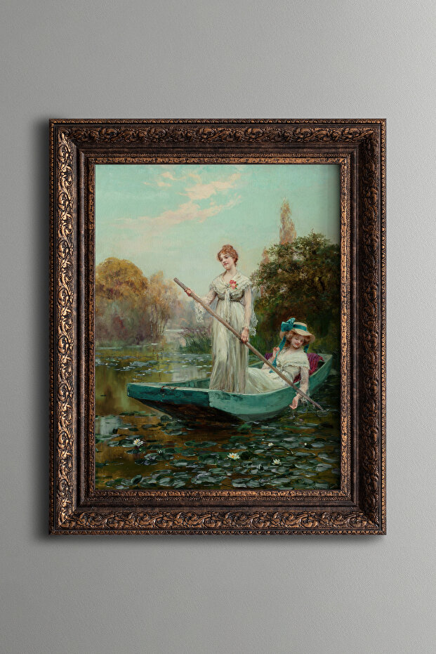 Two Women on a Sandal Boat on the Lake - Vintage Patterned Painting - Thick Model