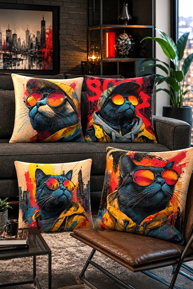Cats with Cool Glasses Patterned 4-Piece Throw Pillow Cover Set