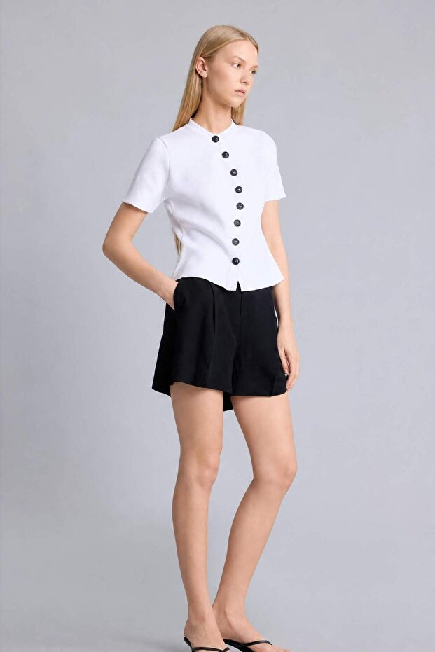 Normal Waist Short Leg Linen Blend Black Shorts I1213Ax26Hs