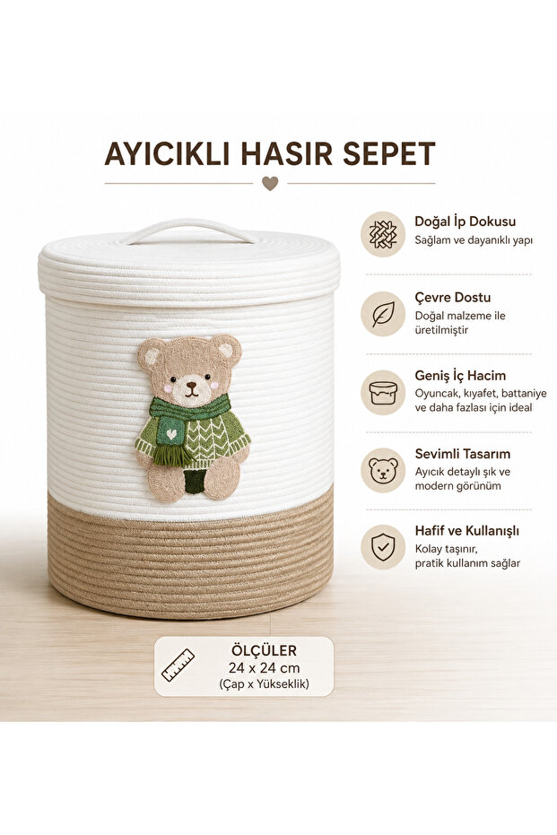 Wicker Basket with Teddy Bear Lid – Toy & Organizer Basket – Natural Rope Organizer