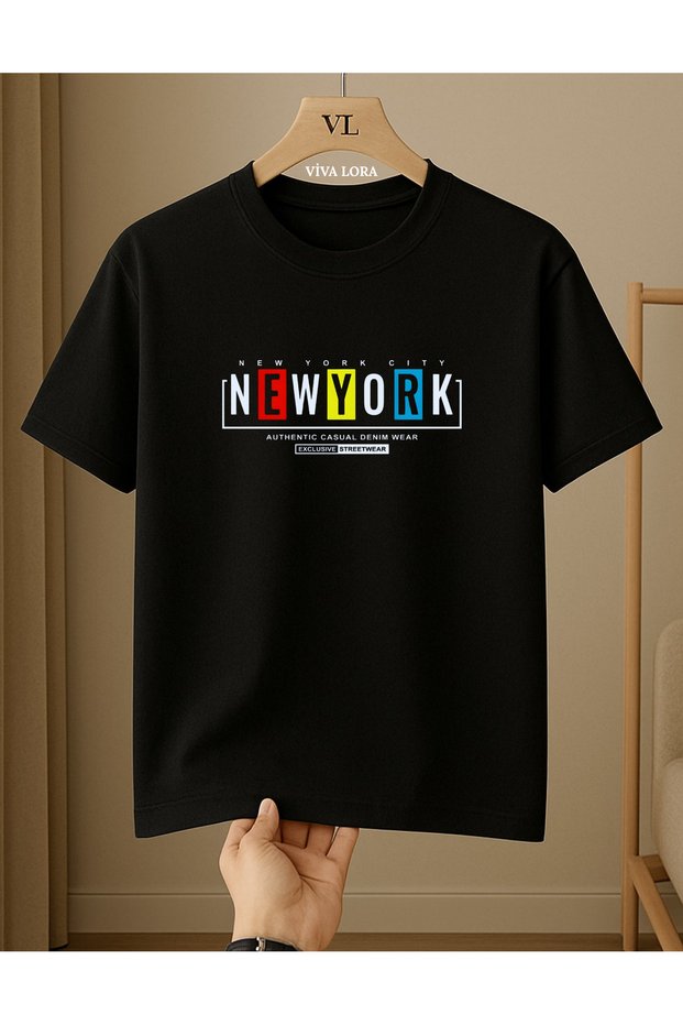 Exclusive Nyc Printed 100% Cotton Crewneck Regular Unisex Black T-Shirt