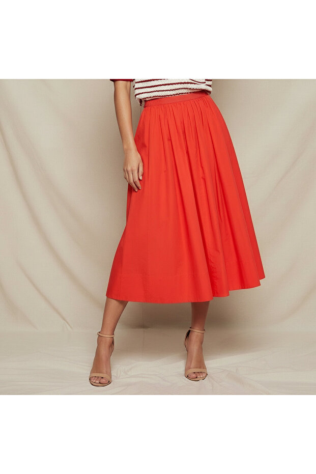Midi Cotton A-line Skirt with Semi-Elasticated Waist