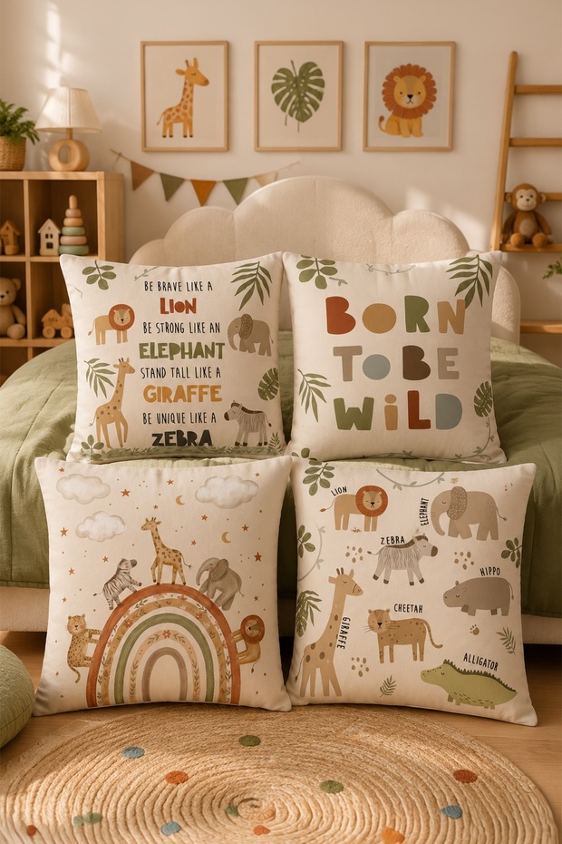 African Wildlife Animals Patterned 4-Piece Children's and Baby Throw Pillow Cover Set