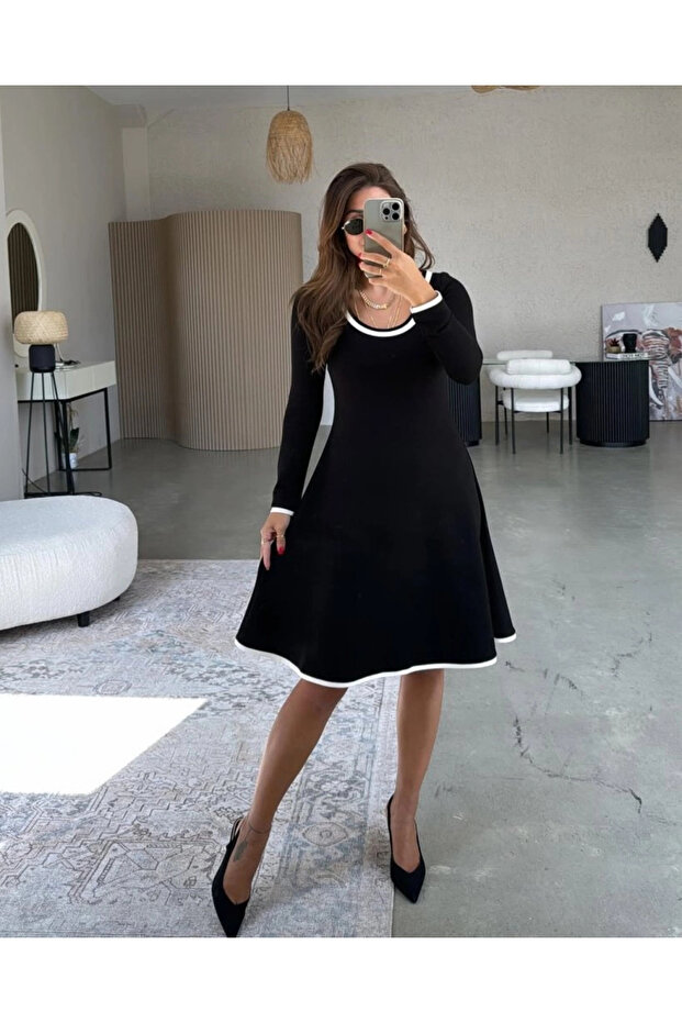 Women's Long Sleeve Round Neck Midi Viscose Two Thread Dress