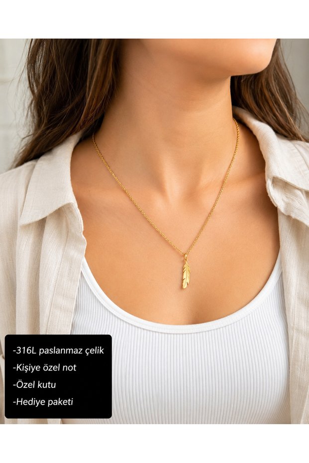 Avelisse Feather Figured Women's Necklace 316L Stainless Steel Gold Color Elegant Necklace