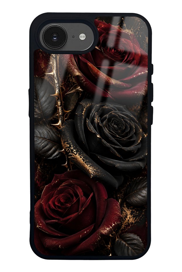 iPhone 16E Obsidian Crimson Rose Design Glossy Phone Case