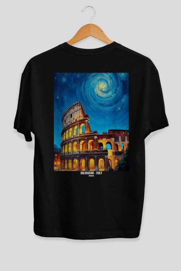 Colosseum Italy 3 Black Oversize Country City Back Printed Unisex T-Shirt 100% Cotton Premium